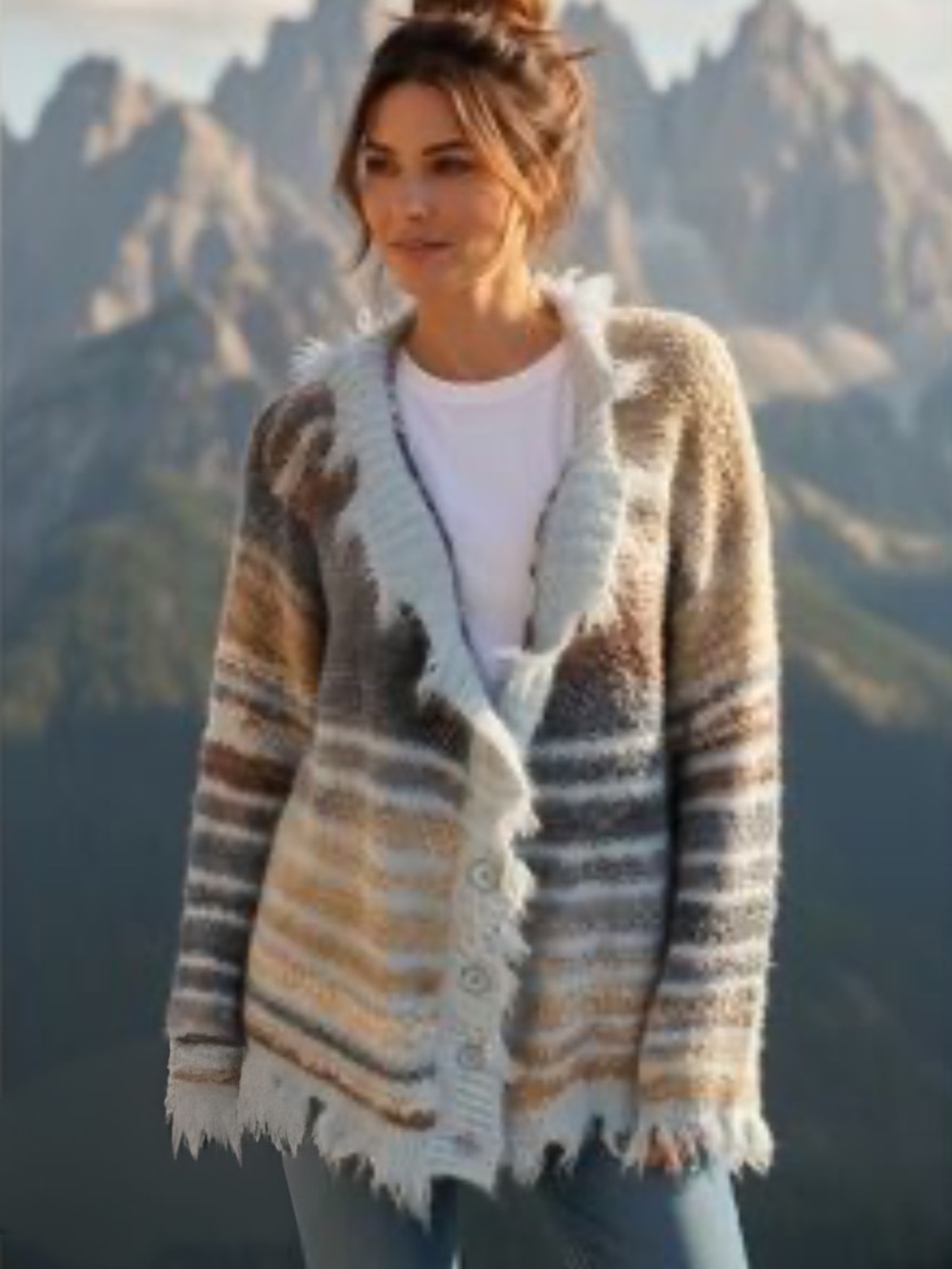 Cozy Striped Fringe Cardigan Sweater - Multi-Color. Size L